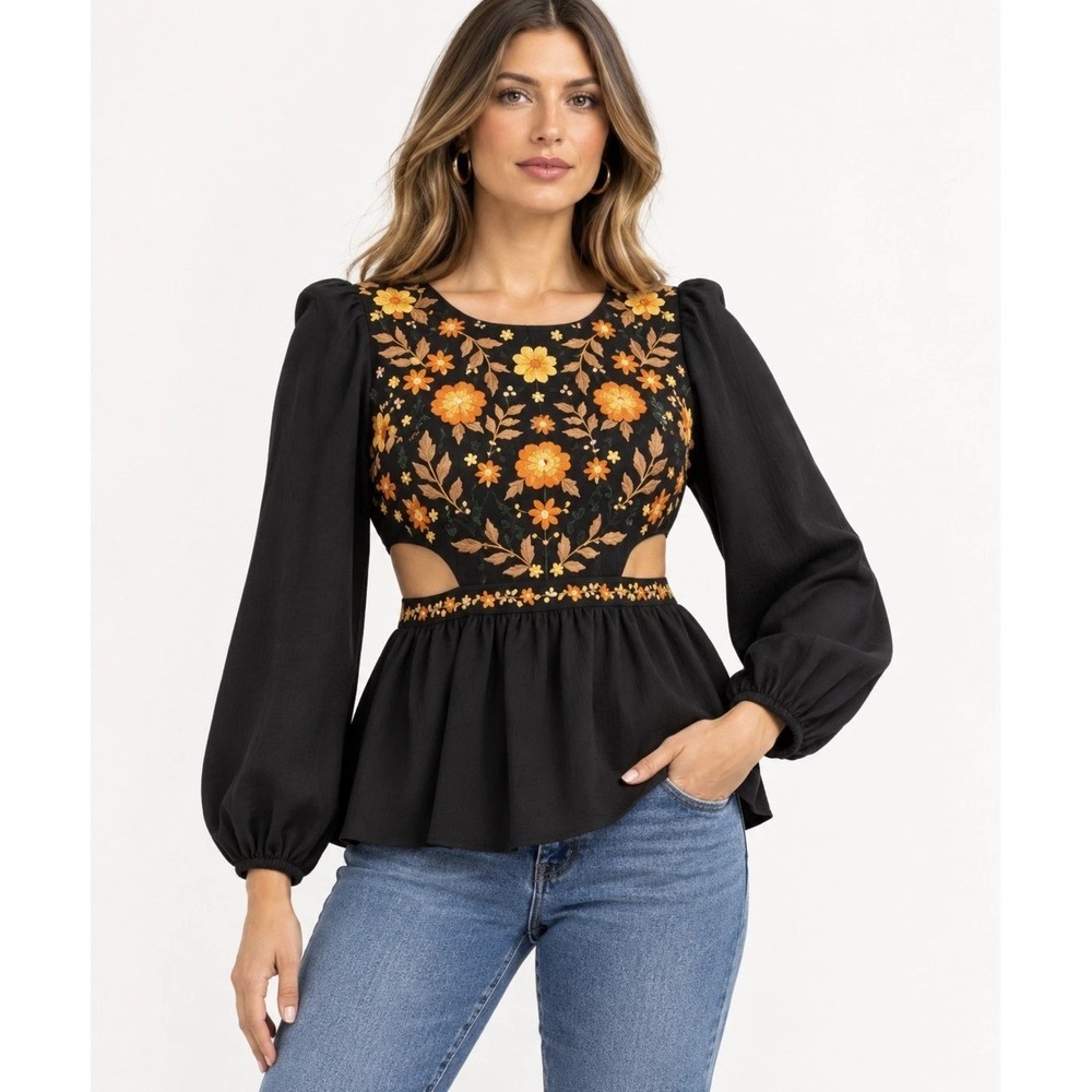 SavannaJane Embroidered Floral Peplum Top Black Orange Cut Out Balloon Sleeve